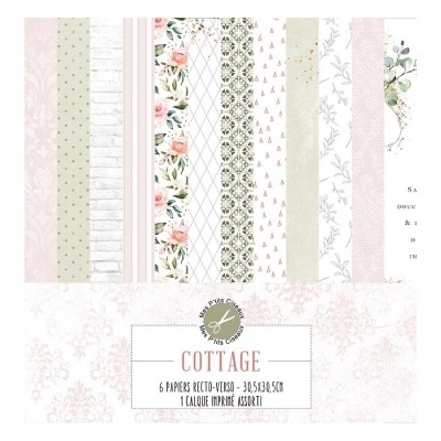 Conjunto de papéis decorativos Cottage com vários padrões e cores pastel