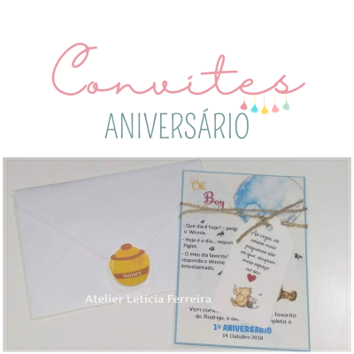 Convite de aniversário com envelope branco e convite amarrado com cordão de juta com desenhos infantis