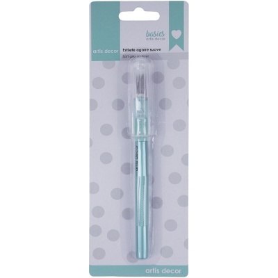 Pincel artístico com cabo azul claro em embalagem com pontos roxos