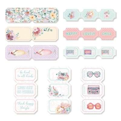 Etiquetas decorativas com temas florais, frases em inglês, gelados, boombox e óculos de sol em tons pastel.