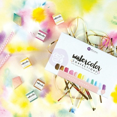 conjunto de caixas de doces watercolor em várias cores pastel com pincéis e fitas douradas sobre fundo colorido aquarela