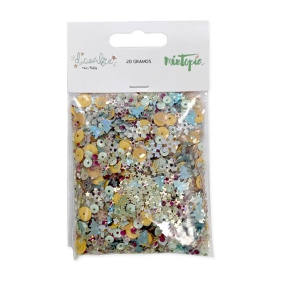 Pacote de lantejoulas coloridas diversas em saco plástico com etiqueta branca