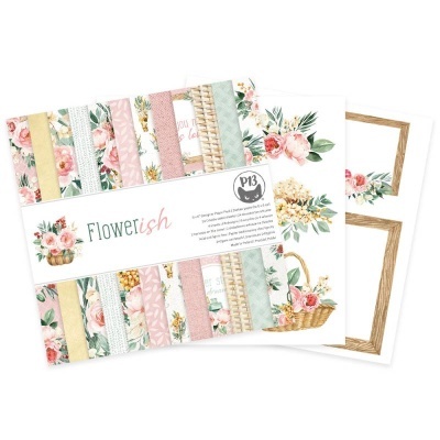 Conjunto de papéis decorativos florais em tons pastel com etiqueta 'Flowerish'