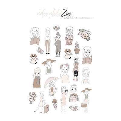 Folha de autocolantes com desenhos de mulheres e flores em tons suaves