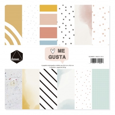 Folhas de papel estampado para scrapbooking com diferentes padrões e cores em fundo branco.