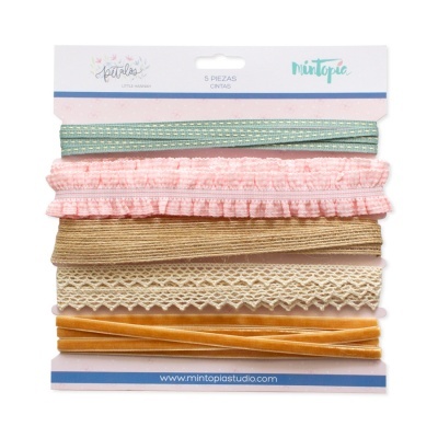 Pack de 5 fitas decorativas em cores verde, rosa, bege, branco e castanho sobre cartolina branca.