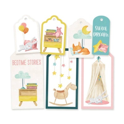 Etiquetas decorativas infantis com ilustrações de animais e texto em inglês.