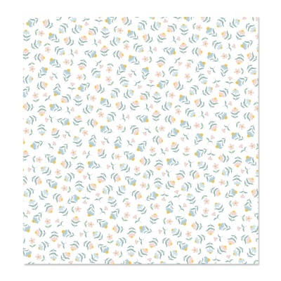 Papel decorativo com padrão floral pequeno em cores suaves sobre fundo branco