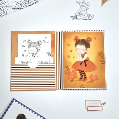 Cartões temáticos de Halloween com ilustrações de crianças e padrões laranja, preto e branco.
