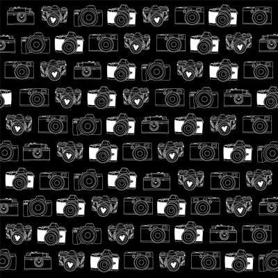 Padrão repetitivo de ilustrações de câmaras fotográficas em preto e branco