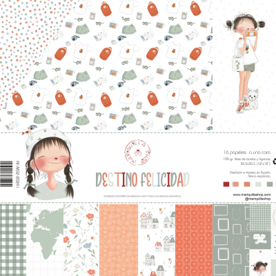 Papel decorativo para embrulho com padrões diversos e ilustração de menina com cãozinho