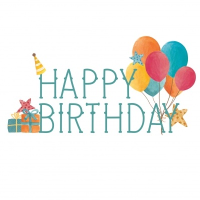 Ilustração de feliz aniversário com balões e presente coloridos em estilo aquarela