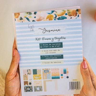 Caixa de kit de papelaria Jasmine com design floral e riscas azuis e brancas