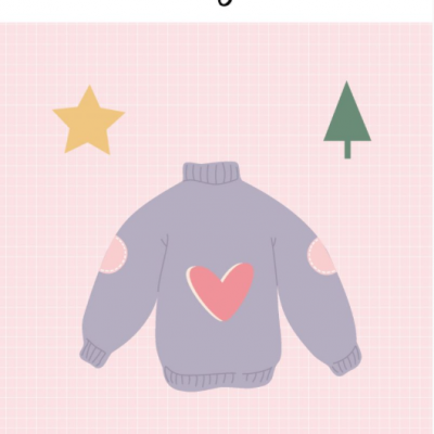 Ilustração de camisola lilás com coração rosa e cotoveleiras, com estrela e árvore, texto 'troqueles sami garra' e coleção GingerBell.