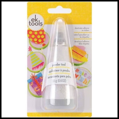 Frasco de plástico com pó branco chamado powder tool em embalagem colorida de plástico