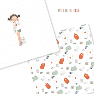 Papel decorativo com desenho de menina e padrão de roupa e objetos variados