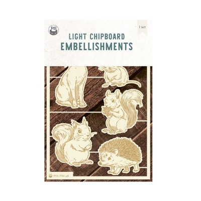 Conjunto de enfeites leves em chipboard com figuras de animais e embalagem