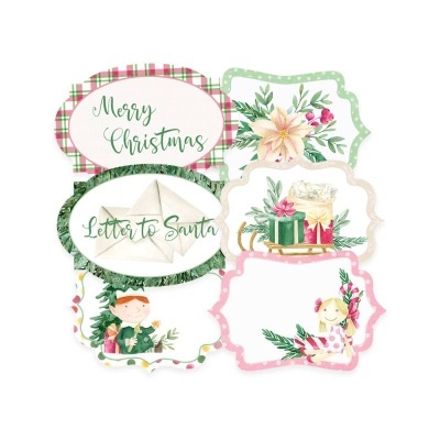 Etiquetas decorativas de Natal com texto e desenhos coloridos