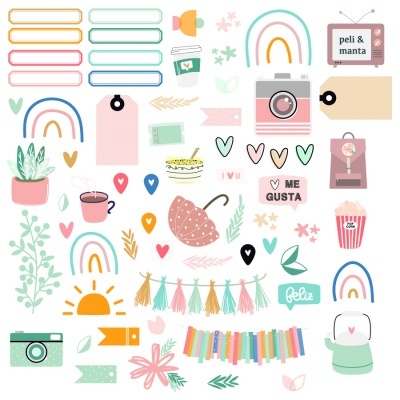 Ilustração com câmaras, etiquetas, arco-íris, corações, texto e outros elementos decorativos coloridos.