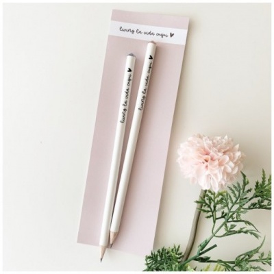 Dois lápis brancos com texto preto, flor rosa clara e folhas verdes num fundo branco