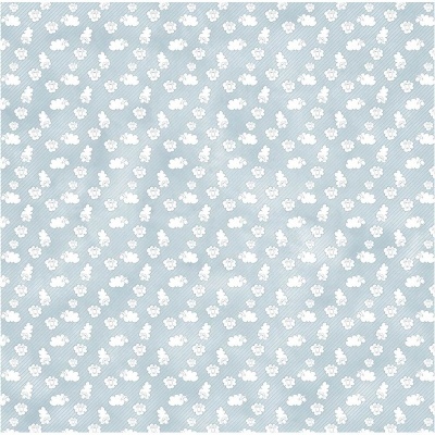 Tecido azul claro com padrão de flores brancas