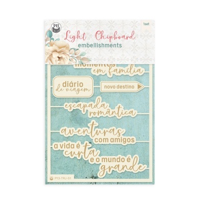 Embellishments Light Chipboard com frases em português em tom bege claro