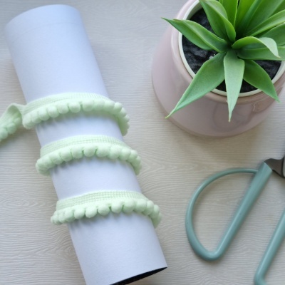 Fita decorativa verde clara enrolada num rolo branco ao lado de planta suculenta em vaso rosa e tesoura azul claro