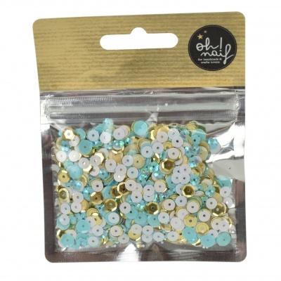 Pacote transparente com lantejoulas brancas, douradas e azuis com etiqueta preta