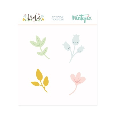 Conjunto de quatro troqueles decorativos com folhas e frutos em cores suaves em fundo branco