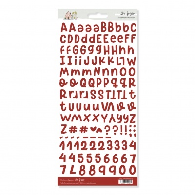 Adhesivos de letras y números burdeos en hoja blanca con detalles decorativos.