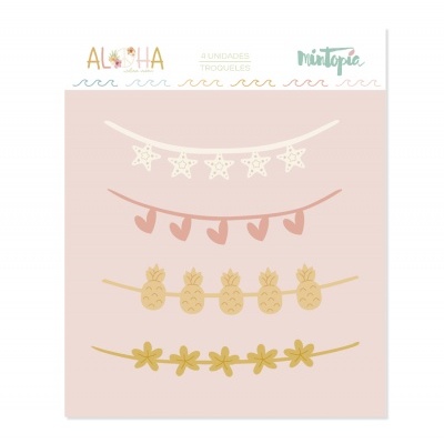 Cartaz com quatro triquetes decorativos em branco, rosa e amarelo com temas de estrelas, corações, abacaxis e flores.