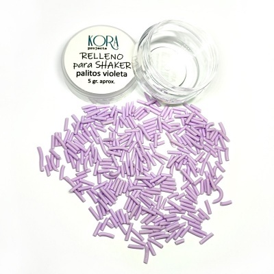 Frasco aberto com palitos violetas espalhados e tampa com texto em português.