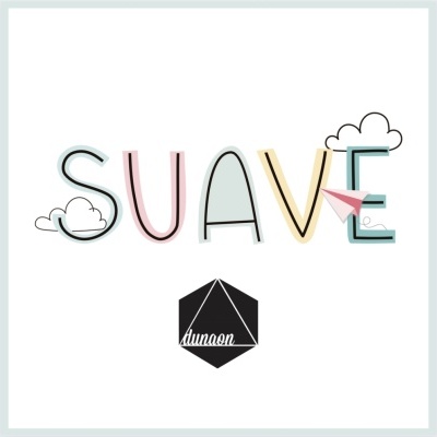 Palavra 'SUAVE' colorida com nuvens e avião de papel, e logo 'dungeon'