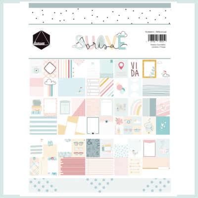 Página de papel decorativo para scrapbooking com padrões e desenhos em cores pastel