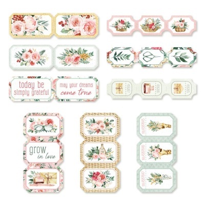 Etiquetas decorativas com flores, elementos botânicos e frases inspiradoras em inglês