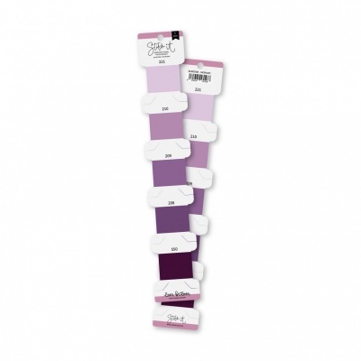 Paleta de amostras de papel de seda em tons de roxo e lilás, com etiquetas numeradas e texto 'Stickers It'.