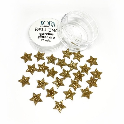 Caixa de estrelas douradas com glitter e tampa branca com texto