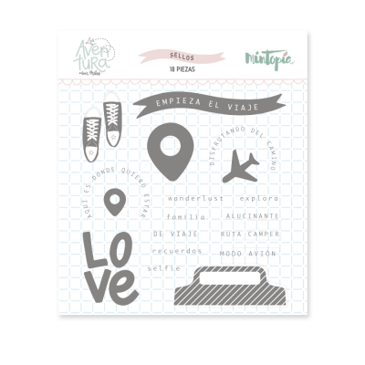 Conjunto de selos em tons cinza com ícones de viagem e palavras em espanhol sobre fundo quadriculado branco