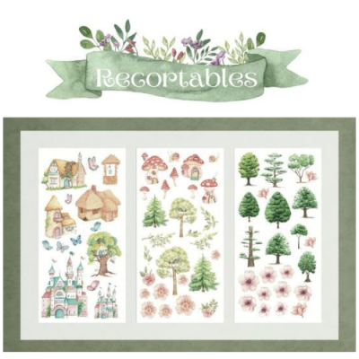 Autocolantes decorativos com casas, cogumelos, árvores e flores em estilo aquarela