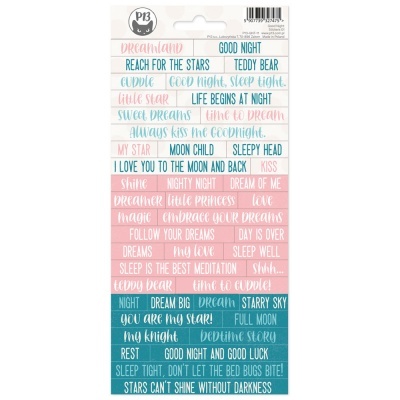 Folha de autocolantes decorativos com textos em várias cores e estilos