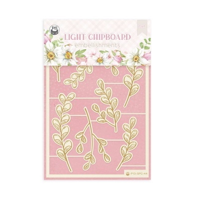 Chipboard decorativo com elementos dourados em embalagem rosa com flores e texto LIGHT CHIPBOARD