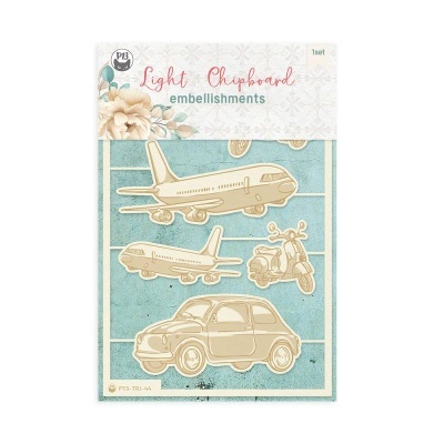 Chipboard claro com formas de aviões, carro clássico e mota em embalagem decorada