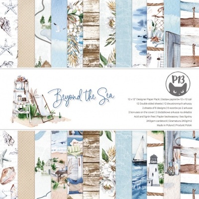 Pack papel decorativo P13 Beyond the Sea com padrões náuticos e marinhos em azul, bege e branco