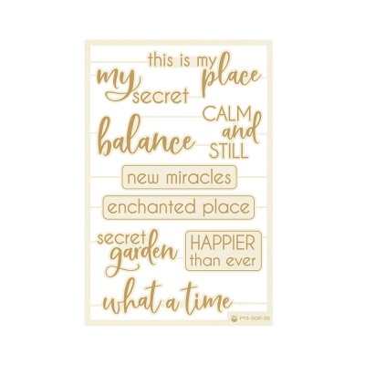 Folha de autocolantes com frases em dourado sobre fundo branco