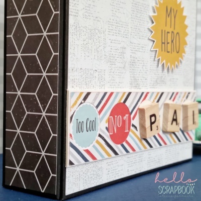 Livro ou álbum com capa decorativa e textos MY HERO, Too Cool NO 1, PAÍ e hello SCRAPBOOK
