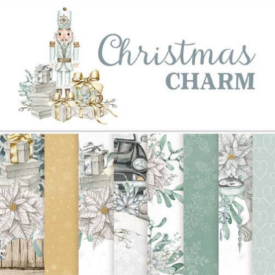Conjunto de padrões e ilustração natalícia com texto 'Christmas CHARM'