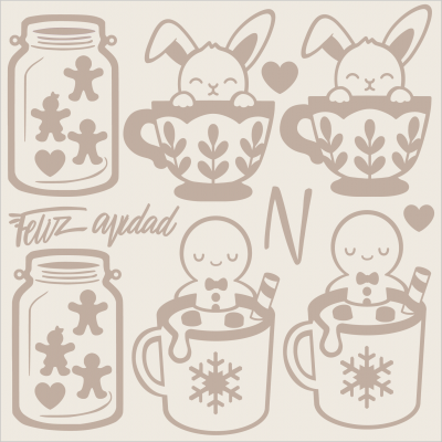 Ilustrações de frascos, canecas e xícaras com bonecos de gengibre e coelhos em tons de castanho claro.
