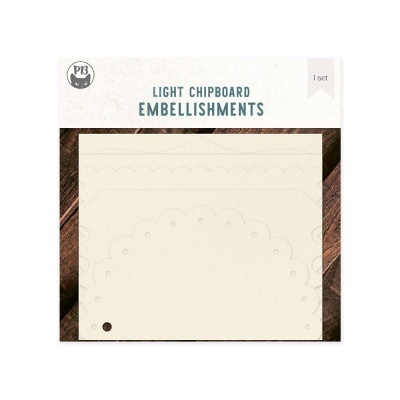 Ornamentos de cartão leve em embalagem com texto LIGHT CHIPBOARD EMBELLISHMENTS