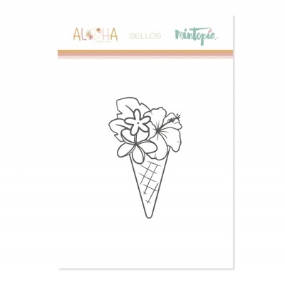 Carimbo de cone de gelado com flores em papel branco com texto 'ALOHA SELLOS MINTOPIA' no topo