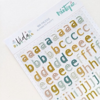 Folha de autocolantes de letras coloridas em relevo e embalagem com texto Vida e mintopia